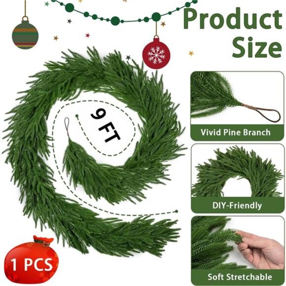 9 FT Artificial Norfolk Pine Garlands, Realistic Christmas Greenery Garland - Picture 3 of 7